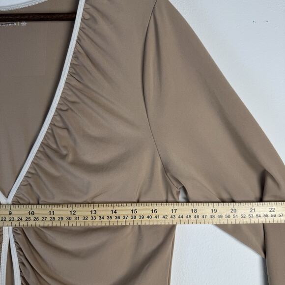 Abercrombie&Fitch Rutched Deep V Neck Long Sleeve Midi Dress XL Camel Tan Y2K - Picture 5 of 10